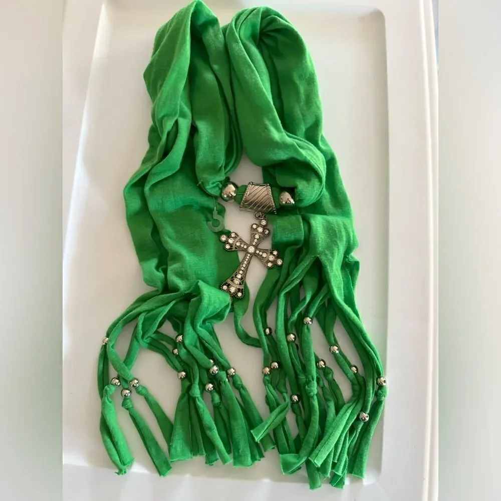 BIG SILVER CROSS GREEN TYE RAG BEADED BELT CLOTH SCARF